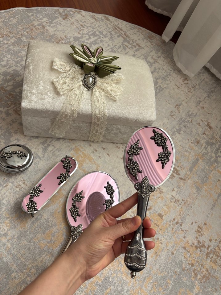 Pembe Nakışlı Vintage tarak seti - Görsel 2