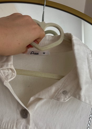 Nakışlı taşlı Beyaz Kadın Keten Gömlek ceket - Görsel 2