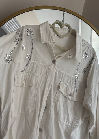 Nakışlı taşlı Beyaz Kadın Keten Gömlek ceket - Görsel 3