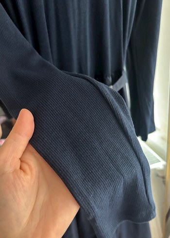 Lacıvert Uzun Kollu Kemerli Uzun Elbise - Görsel 2