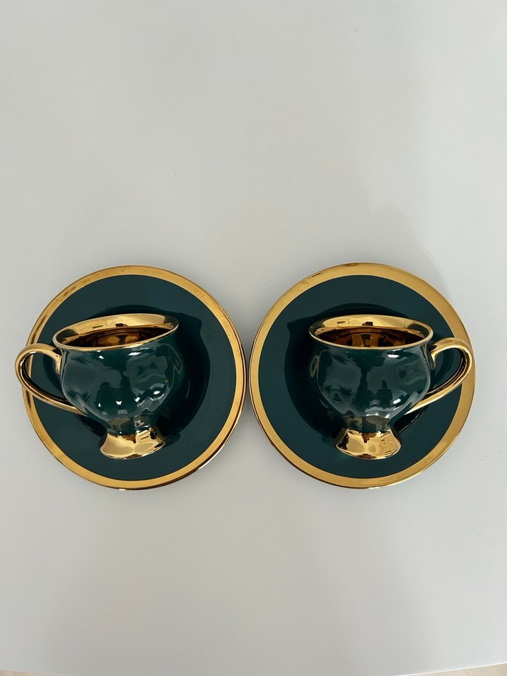 Madame Coco 2'li Yeşil Altın Detaylı Fincan Seti - Görsel 3
