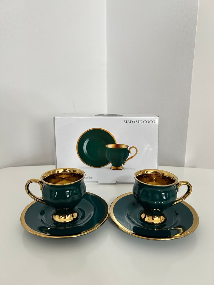 Madame Coco 2'li Yeşil Altın Detaylı Fincan Seti - Görsel 2