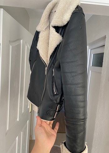 Kürklü Siyah Deri Kadın Ceket - Görsel 5