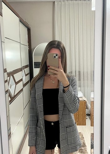 Gri Ekose Desenli Kadın Blazer Ceket