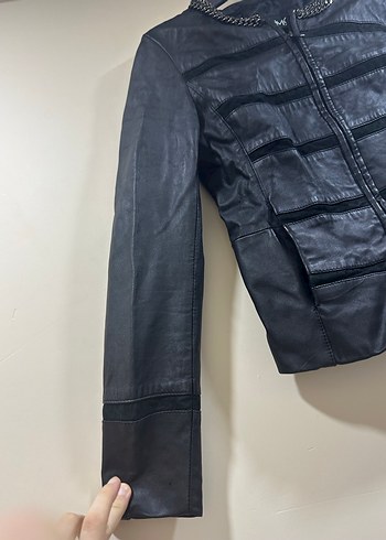 Siyah Derimod Nakışlı Deri Biker Ceket - Görsel 7