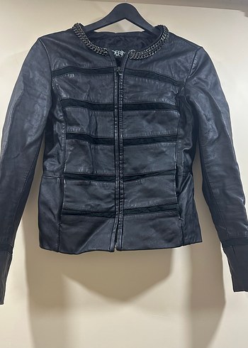 Siyah Derimod Nakışlı Deri Biker Ceket - Görsel 5