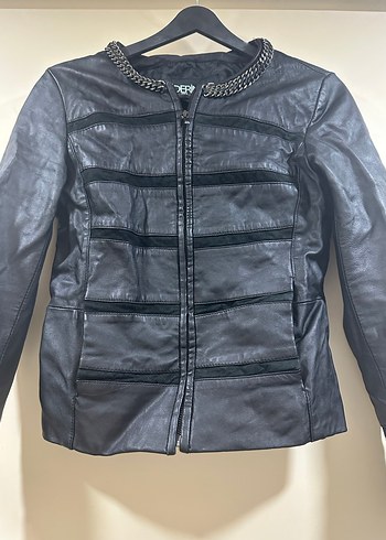 Siyah Derimod Nakışlı Deri Biker Ceket - Görsel 9