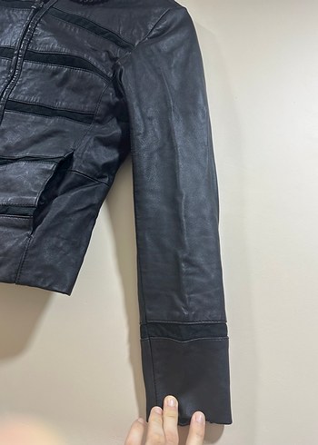 Siyah Derimod Nakışlı Deri Biker Ceket - Görsel 6