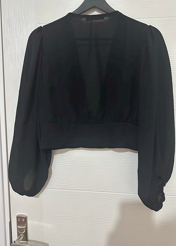 Düğmeli V Yaka Siyah Kadın Bluz - Görsel 5