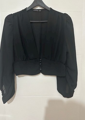 Düğmeli V Yaka Siyah Kadın Bluz - Görsel 4