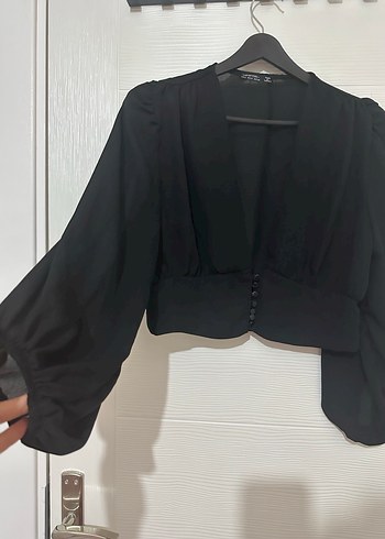 Düğmeli V Yaka Siyah Kadın Bluz - Görsel 2