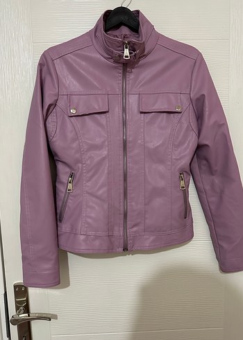 Mor Fermuarlı Deri Kadın Ceket - Görsel 3