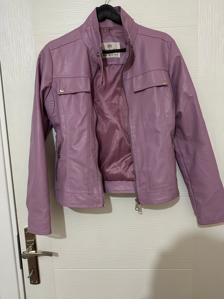 Mor Fermuarlı Deri Kadın Ceket - Görsel 5