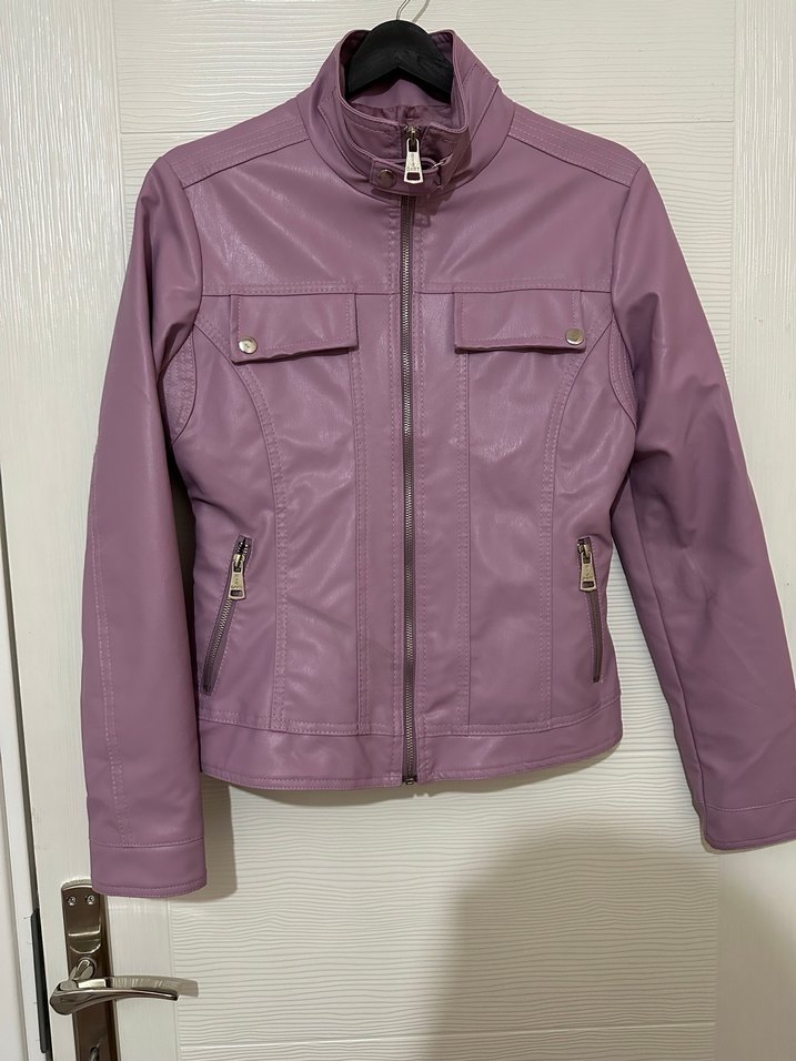 Mor Fermuarlı Deri Kadın Ceket - Görsel 3