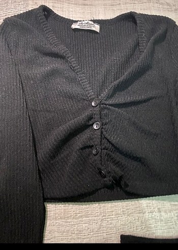 Siyah V Yaka Düğmeli Kadın Triko Bluz - Görsel 2