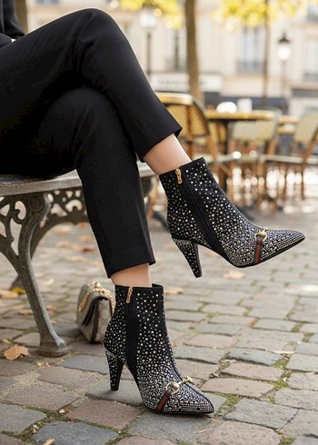 Parlak Siyah Yılan Desenli Taşlı Topuklu Bot - Görsel 4