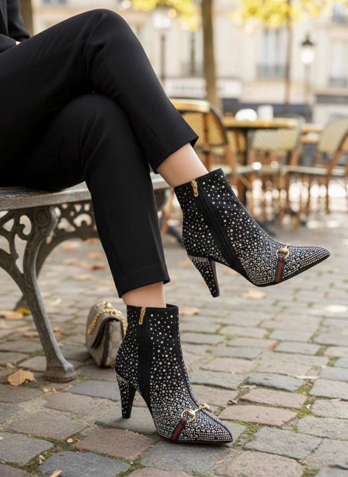 Parlak Siyah Yılan Desenli Taşlı Topuklu Bot - Görsel 4