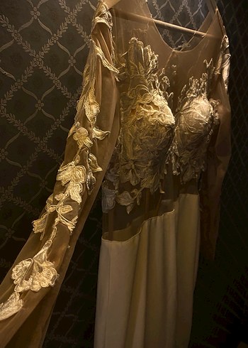 Uzun Kollu Straplez A Kesim Beyaz Gelinlik Nişan Ve Kına - Görsel 5