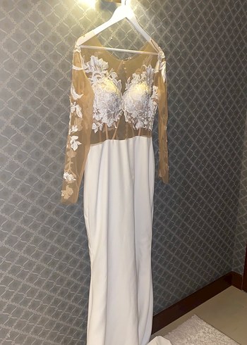 Uzun Kollu Straplez A Kesim Beyaz Gelinlik Nişan Ve Kına - Görsel 2