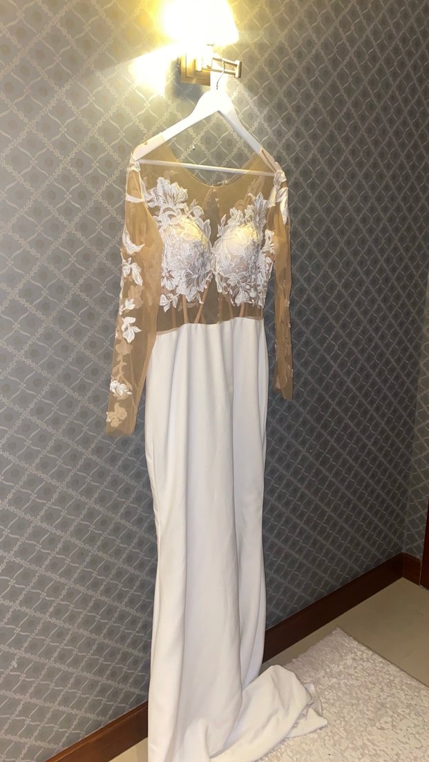 Uzun Kollu Straplez A Kesim Beyaz Gelinlik Nişan Ve Kına - Görsel 2