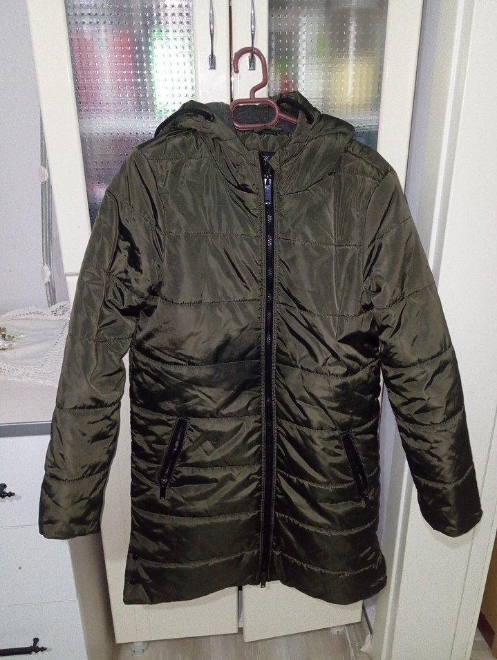 Mavi Gri Kapüşonlu Kadın Kışlık Ceket - Görsel 4