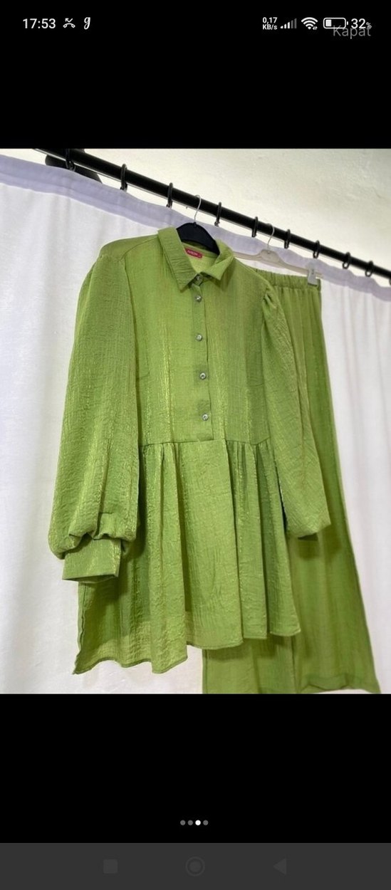 Yeşil Pilili Uzun Keten Tunik - Görsel 3