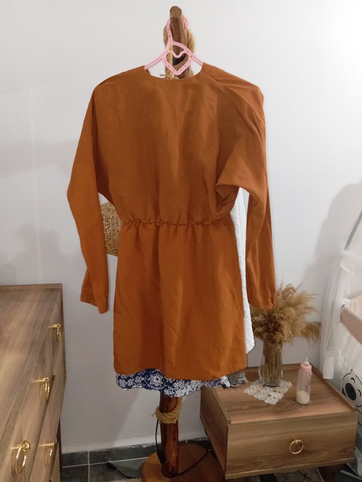 Uzun Kollu Kahverengi Bohem Mini Tunik - Görsel 2