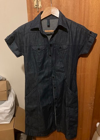 Düğmeli Koyu Gri Denim Midi Elbise