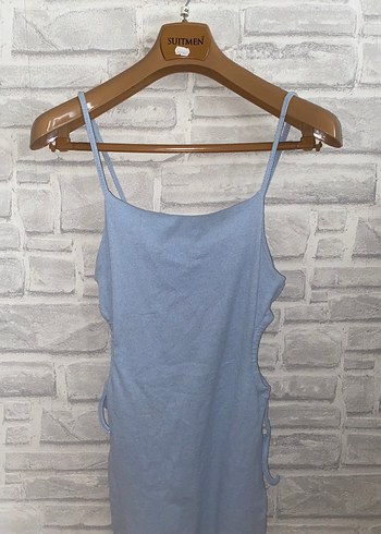 l Beden Mavi İnce Askılı Midi Denim Elbise