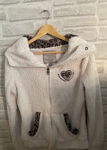 xl Beden Kapüşonlu Beyaz Peluş Kadın Ceket