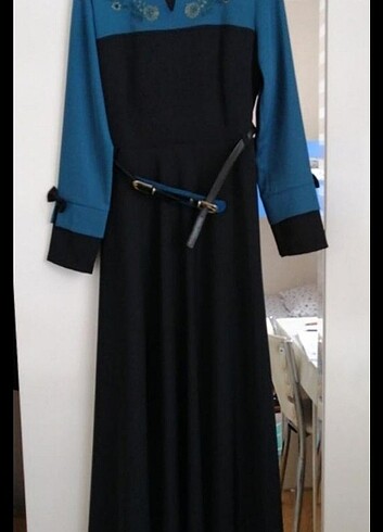 Diğer Mavi siyah önü işlemeli uzun elbise 