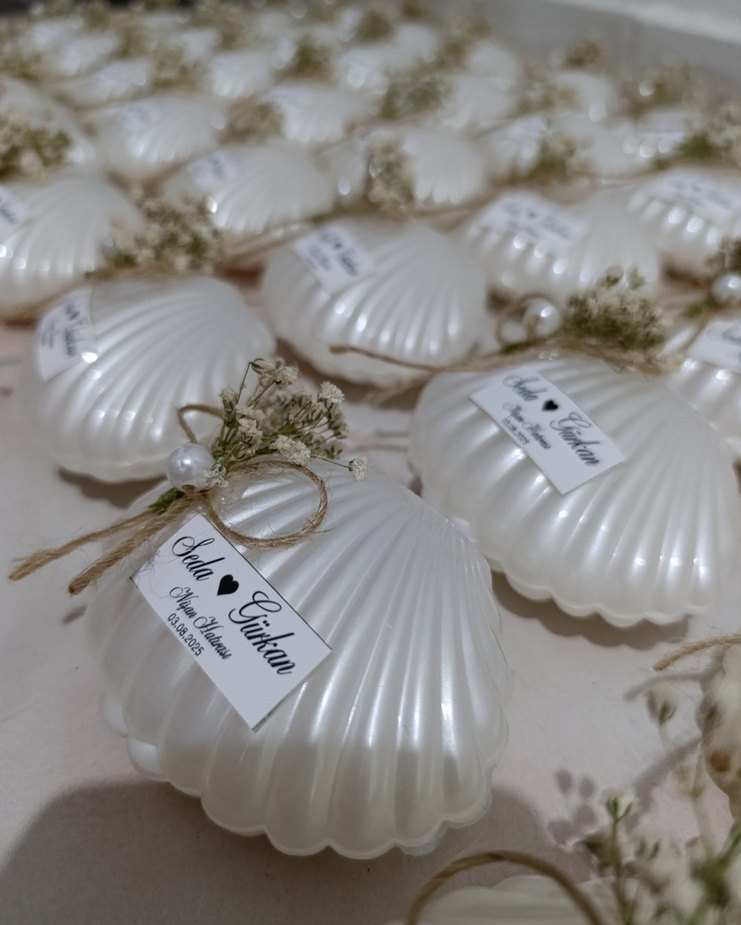 İnci Süslemeli Beyaz Deniz Kabuğu Mum - Görsel 2