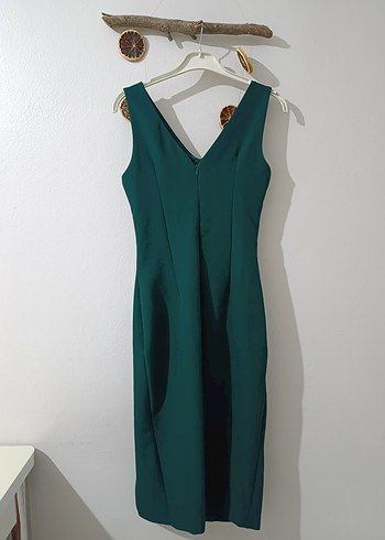 Zümrüt Yeşili V Yaka Midiboy Abiye Elbise - Görsel 4