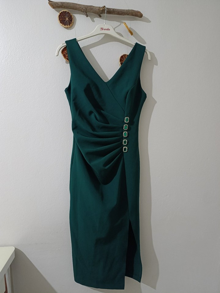 Zümrüt Yeşili V Yaka Midiboy Abiye Elbise - Görsel 2