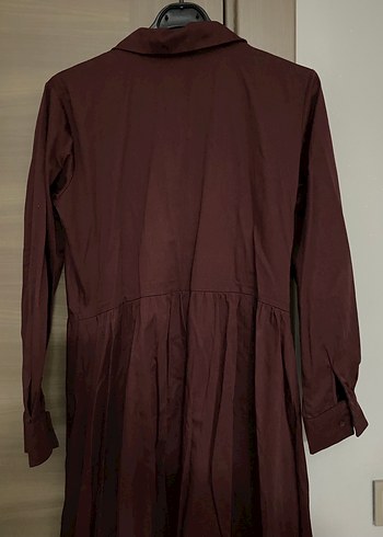 Bordo Düğmeli Uzun Keten Elbise - Görsel 2