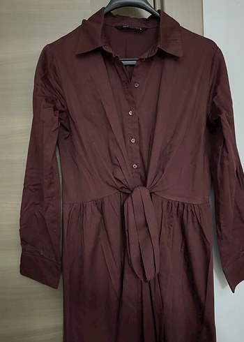 Bordo Düğmeli Uzun Keten Elbise - Görsel 3