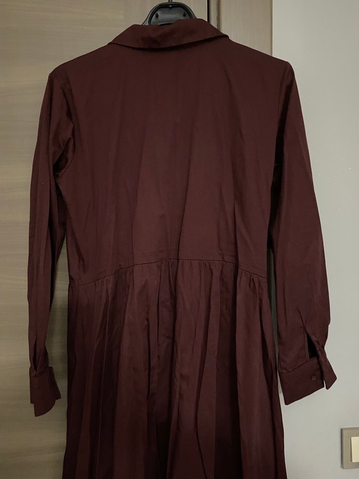 Bordo Düğmeli Uzun Keten Elbise - Görsel 2