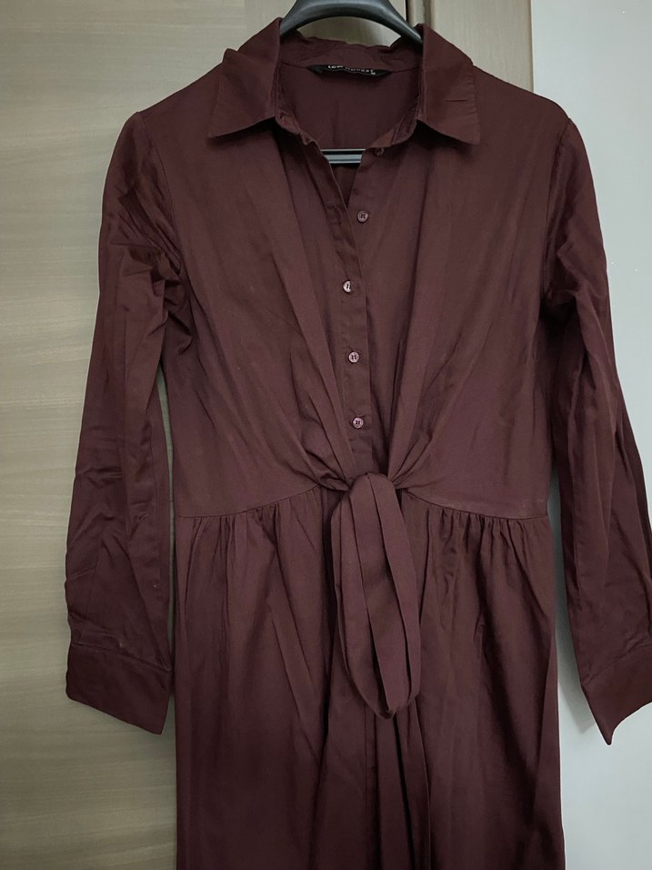 Bordo Düğmeli Uzun Keten Elbise - Görsel 3