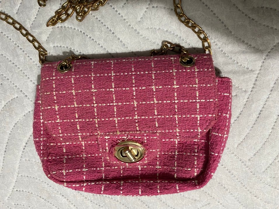 Zincir Detaylı Pembe Kareli Kadın Çanta - Görsel 2