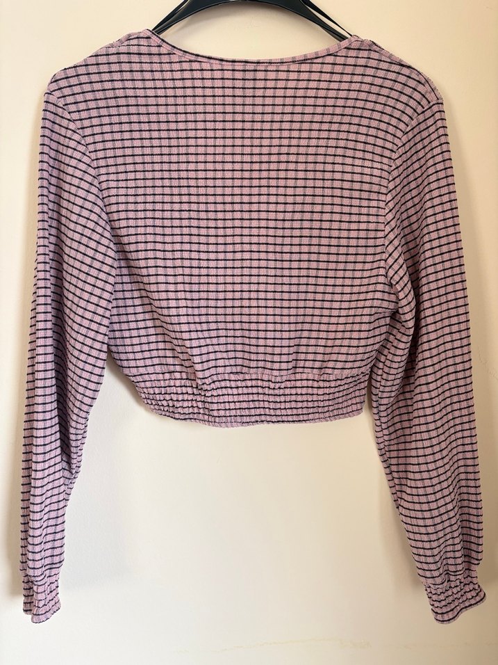 Uzun Kollu V Yaka Pileli Pembe Bluz - Görsel 3