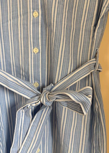 Mavi Çizgili Kemerli Midi Elbise - Görsel 3