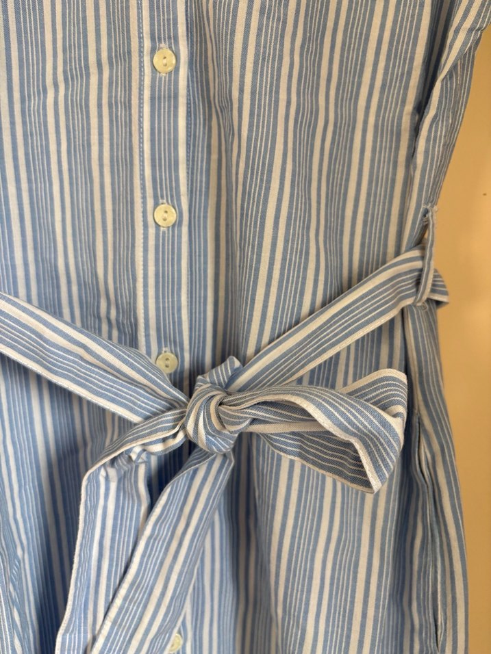 Mavi Çizgili Kemerli Midi Elbise - Görsel 3