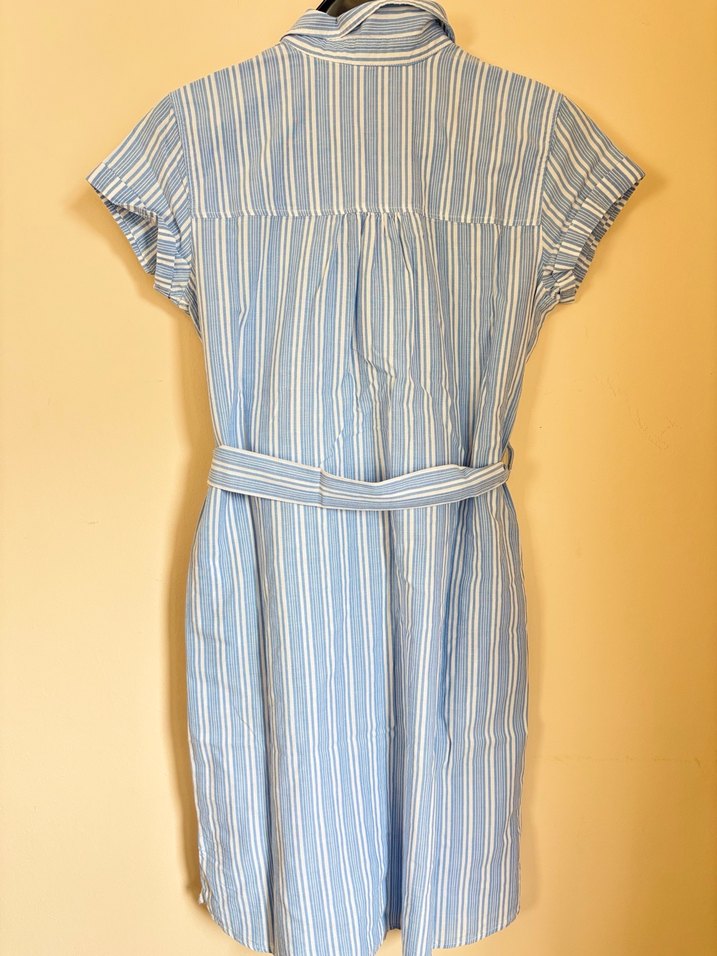 Mavi Çizgili Kemerli Midi Elbise - Görsel 5