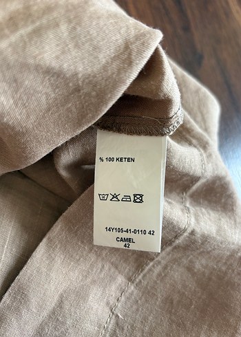 Bej Keten Midi Elbise - Görsel 5