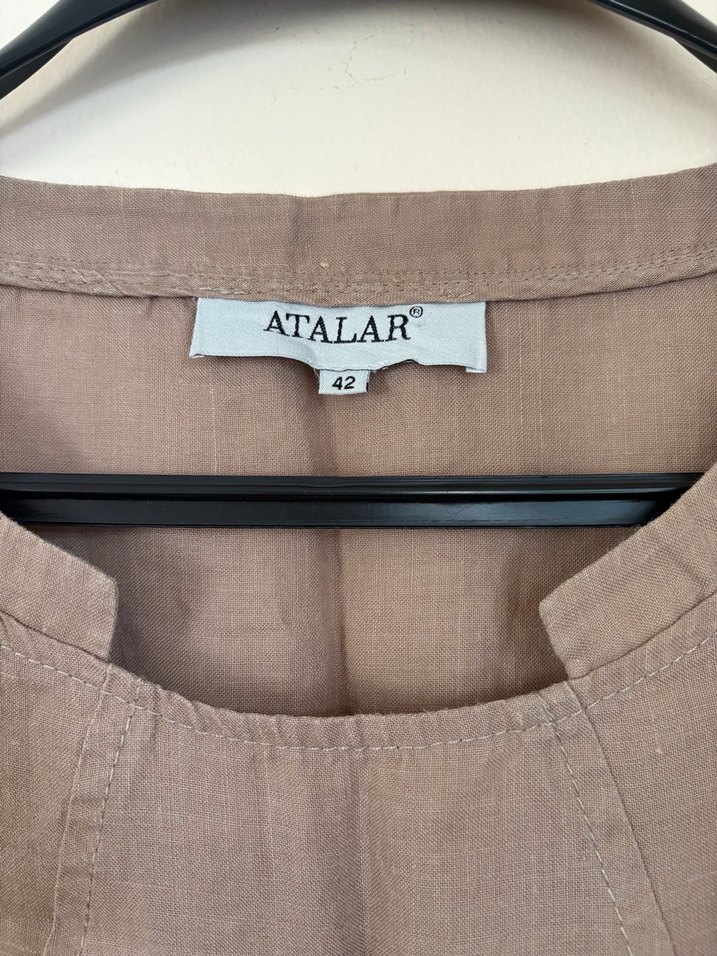 Bej Keten Midi Elbise - Görsel 2