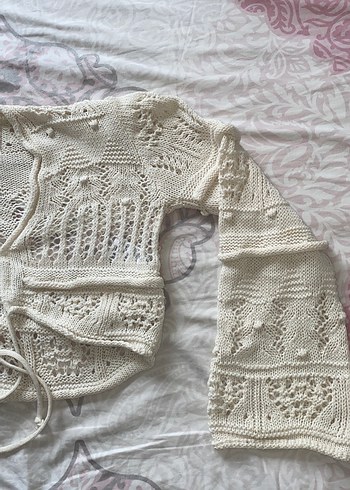 Nakışlı Beyaz Örgü Kız hırka - Görsel 6