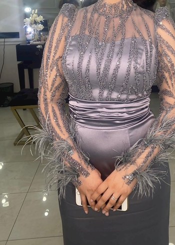 Gri Uzun Kollu İşlemeli Abiye Elbise - Görsel 2