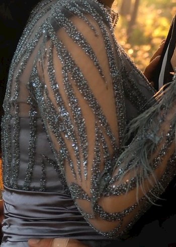 Gri Uzun Kollu İşlemeli Abiye Elbise - Görsel 6