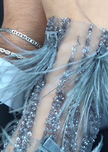 Gri Uzun Kollu İşlemeli Abiye Elbise - Görsel 5