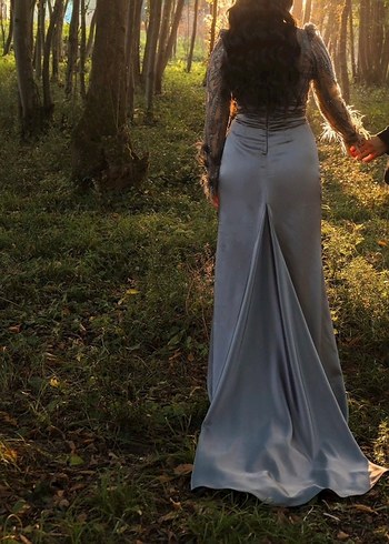 Gri Uzun Kollu İşlemeli Abiye Elbise - Görsel 4